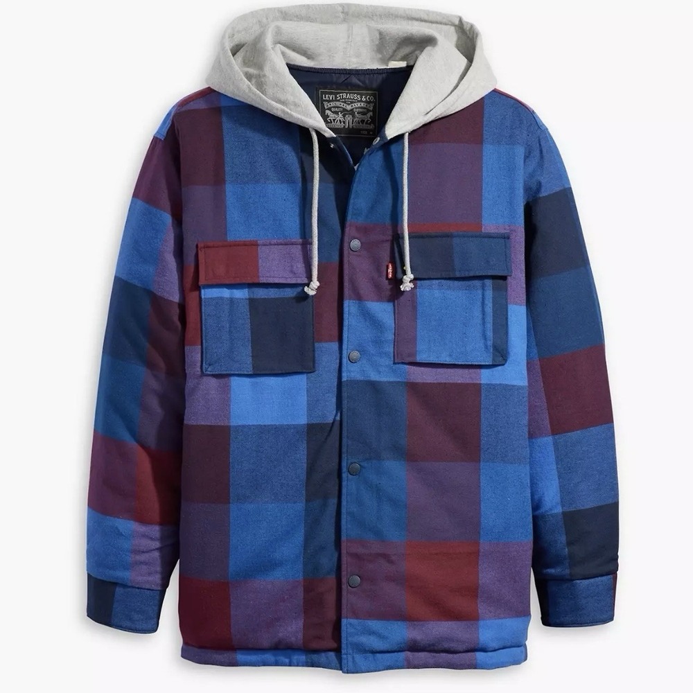 Levi's Jackson Worker Overshirt Men's 2XL Blue Burgundy Hoodie Plaid Performance